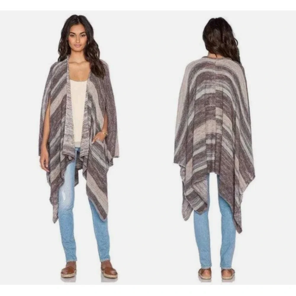 Free People The Big Trail Striped Poncho Sweater Size Small Pockets Linen Blend